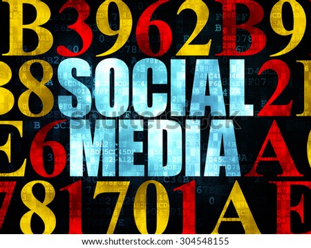 Social media concept: Pixelated blue text Social Media on Digital wall background with Hexadecimal Code, 3d render