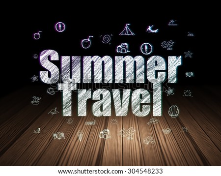 Travel concept: Glowing text Summer Travel,  Hand Drawn Vacation Icons in grunge dark room with Wooden Floor, black background, 3d render
