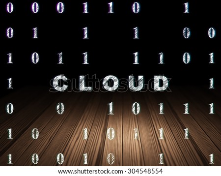 Cloud computing concept: Glowing text Cloud in grunge dark room with Wooden Floor, black background with Binary Code, 3d render