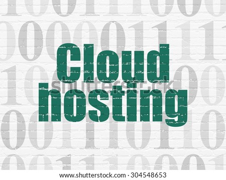 Cloud networking concept: Painted green text Cloud Hosting on White Brick wall background with  Binary Code, 3d render