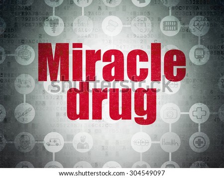 Health concept: Painted red text Miracle Drug on Digital Paper background with  Scheme Of Hand Drawn Medicine Icons, 3d render