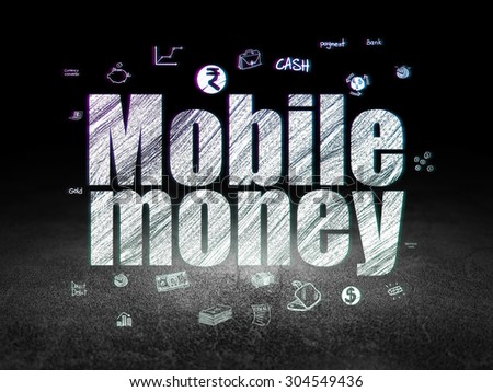 Money concept: Glowing text Mobile Money,  Hand Drawn Finance Icons in grunge dark room with Dirty Floor, black background, 3d render