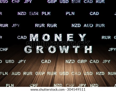 Money concept: Glowing text Money Growth in grunge dark room with Wooden Floor, black background with Currency, 3d render