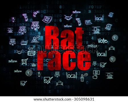 Political concept: Pixelated red text Rat Race on Digital background with  Hand Drawn Politics Icons, 3d render