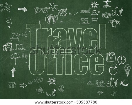 Travel concept: Chalk Green text Travel Office on School Board background with Scheme Of Hand Drawn Vacation Icons, 3d render