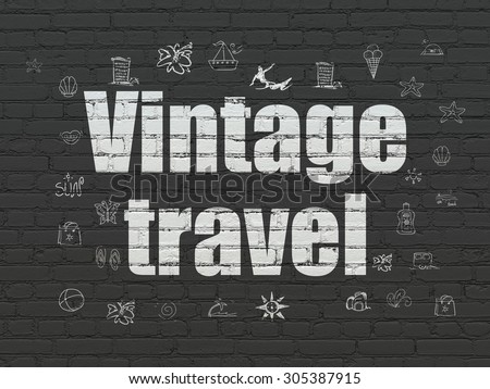 Tourism concept: Painted white text Vintage Travel on Black Brick wall background with  Hand Drawn Vacation Icons, 3d render