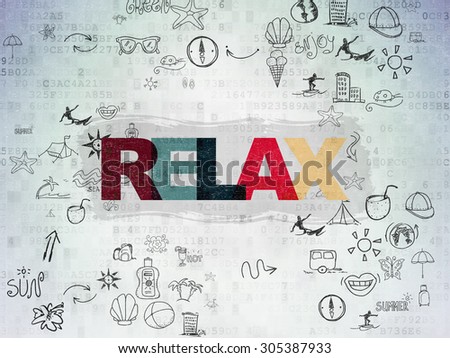 Travel concept: Painted multicolor text Relax on Digital Paper background with Scheme Of Hand Drawn Vacation Icons, 3d render