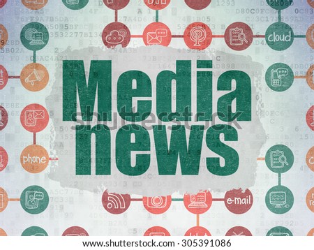 News concept: Painted green text Media News on Digital Paper background with  Scheme Of Hand Drawn News Icons, 3d render