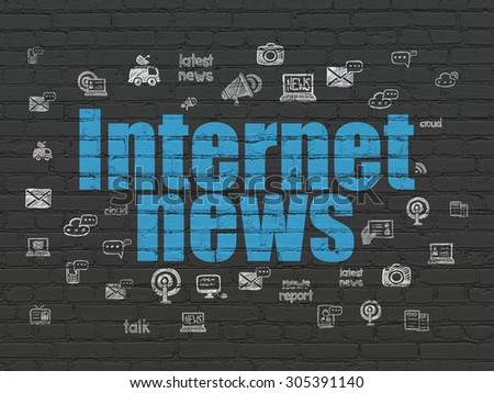 News concept: Painted blue text Internet News on Black Brick wall background with  Hand Drawn News Icons, 3d render