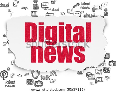 News concept: Painted red text Digital News on Torn Paper background with Scheme Of Hand Drawn News Icons, 3d render