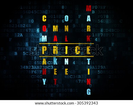 Advertising concept: Pixelated yellow word Price in solving Crossword Puzzle on Digital background, 3d render