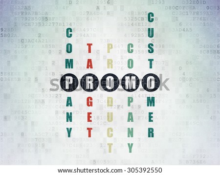 Marketing concept: Painted black word Promo in solving Crossword Puzzle on Digital Paper background, 3d render