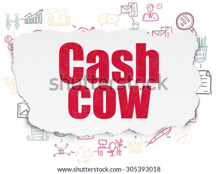 Finance concept: Painted red text Cash Cow on Torn Paper background with Scheme Of Hand Drawn Business Icons, 3d render