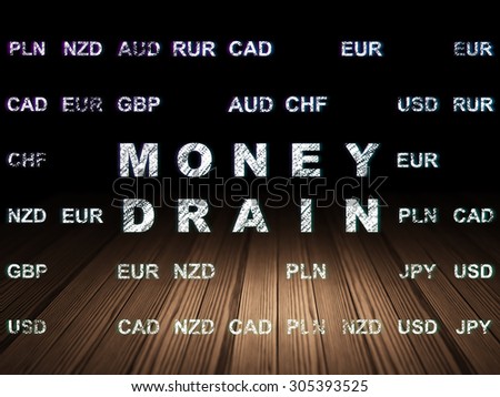 Currency concept: Glowing text Money Drain in grunge dark room with Wooden Floor, black background with Currency, 3d render