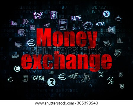 Money concept: Pixelated red text Money Exchange on Digital background with  Hand Drawn Finance Icons, 3d render