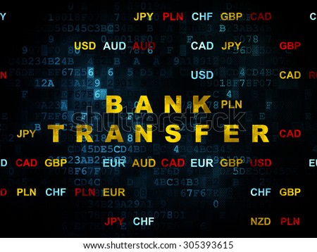 Money concept: Pixelated yellow text Bank Transfer on Digital wall background with Currency, 3d render