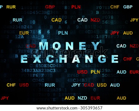 Currency concept: Pixelated blue text Money Exchange on Digital wall background with Currency, 3d render