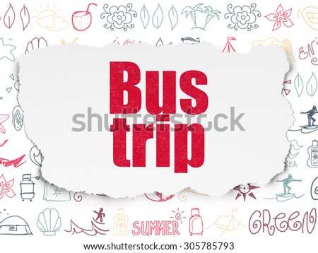 Travel concept: Painted red text Bus Trip on Torn Paper background with  Hand Drawn Vacation Icons, 3d render