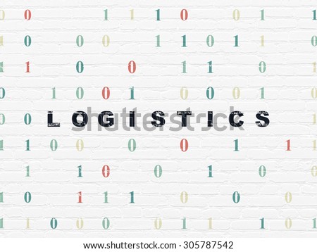 Business concept: Painted black text Logistics on White Brick wall background with Binary Code, 3d render