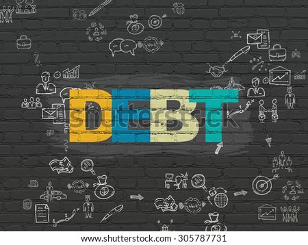 Business concept: Painted multicolor text Debt on Black Brick wall background with Scheme Of Hand Drawn Business Icons, 3d render