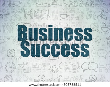 Business concept: Painted blue text Business Success on Digital Paper background with   Hand Drawn Business Icons, 3d render
