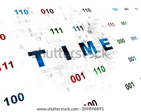 Time concept: Pixelated blue text Time on Digital wall background with Binary Code