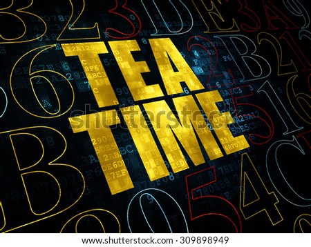 Time concept: Pixelated yellow text Tea Time on Digital wall background with Hexadecimal Code
