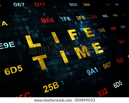 Timeline concept: Pixelated yellow text Life Time on Digital wall background with Hexadecimal Code