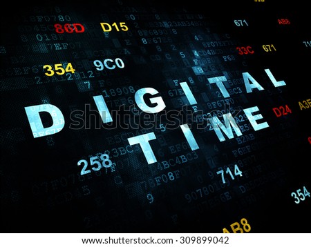 Time concept: Pixelated blue text Digital Time on Digital wall background with Hexadecimal Code