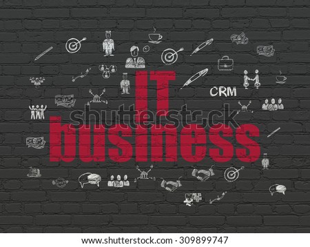 Finance concept: Painted red text IT Business on Black Brick wall background with  Hand Drawn Business Icons