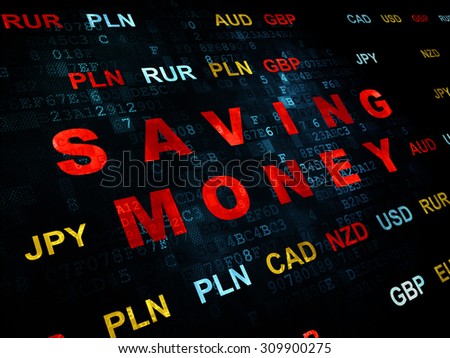 Finance concept: Pixelated red text Saving Money on Digital wall background with Currency