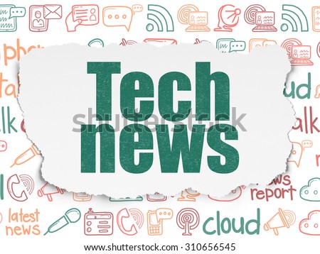 News concept: Painted green text Tech News on Torn Paper background with  Hand Drawn News Icons