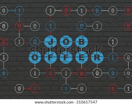 Business concept: Painted blue text Job Offer on Black Brick wall background with Binary Code