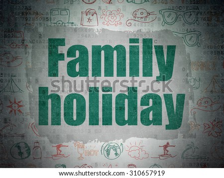 Tourism concept: Painted green text Family Holiday on Digital Paper background with   Hand Drawn Vacation Icons