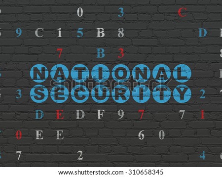 Security concept: Painted blue text National Security on Black Brick wall background with Hexadecimal Code