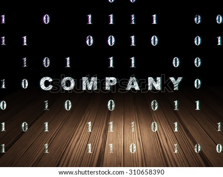 Finance concept: Glowing text Company in grunge dark room with Wooden Floor, black background with Binary Code