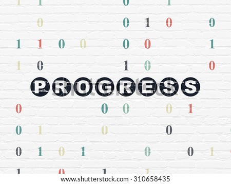 Finance concept: Painted black text Progress on White Brick wall background with Binary Code