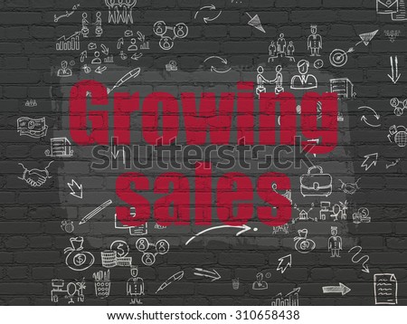 Business concept: Painted red text Growing Sales on Black Brick wall background with Scheme Of Hand Drawn Business Icons