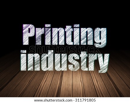 Manufacuring concept: Glowing text Printing Industry in grunge dark room with Wooden Floor, black background
