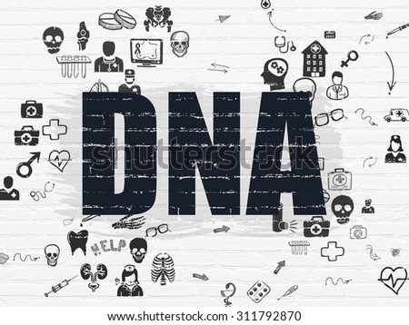 Health concept: Painted black text DNA on White Brick wall background with Scheme Of Hand Drawn Medicine Icons