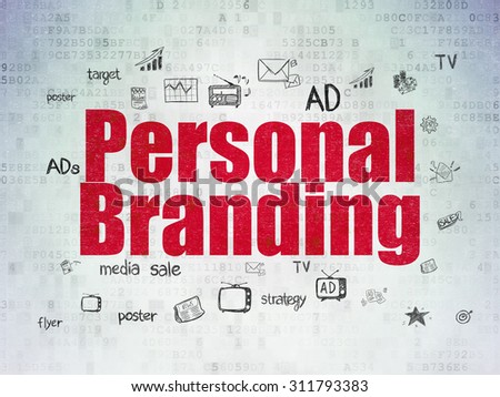Advertising concept: Painted red text Personal Branding on Digital Paper background with  Hand Drawn Marketing Icons