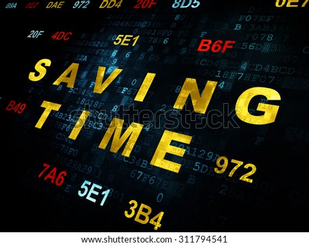 Time concept: Pixelated yellow text Saving Time on Digital wall background with Hexadecimal Code