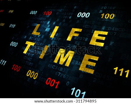 Time concept: Pixelated yellow text Life Time on Digital wall background with Binary Code