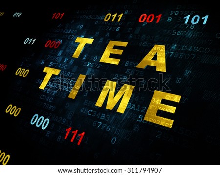 Time concept: Pixelated yellow text Tea Time on Digital wall background with Binary Code