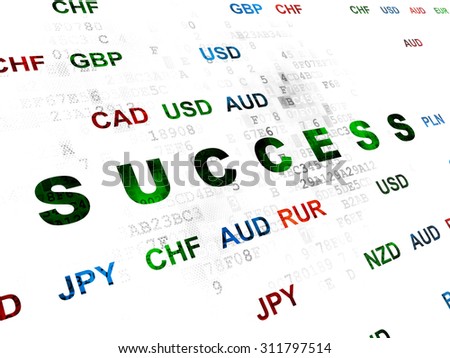 Finance concept: Pixelated green text Success on Digital wall background with Currency
