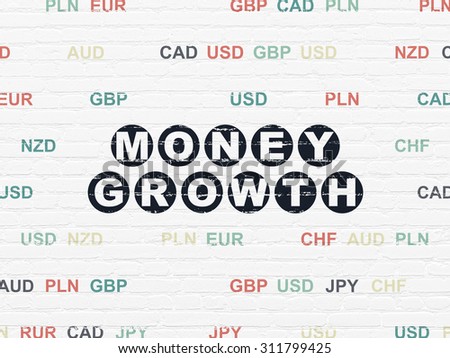 Currency concept: Painted black text Money Growth on White Brick wall background with Currency