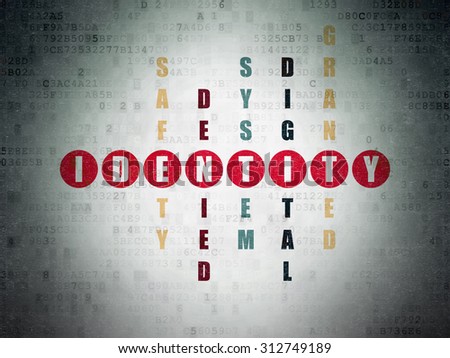 Safety concept: Painted red word Identity in solving Crossword Puzzle on Digital Paper background