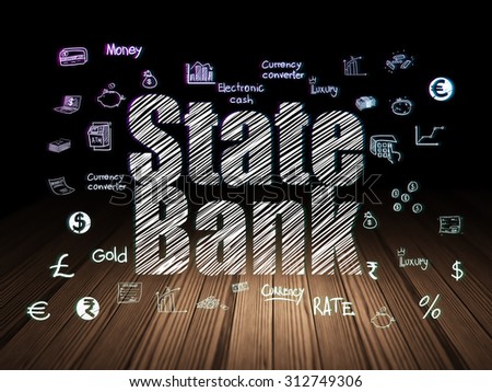 Banking concept: Glowing text State Bank,  Hand Drawn Finance Icons in grunge dark room with Wooden Floor, black background