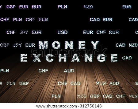 Banking concept: Glowing text Money Exchange in grunge dark room with Wooden Floor, black background with Currency