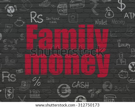Banking concept: Painted red text Family Money on Black Brick wall background with  Hand Drawn Finance Icons